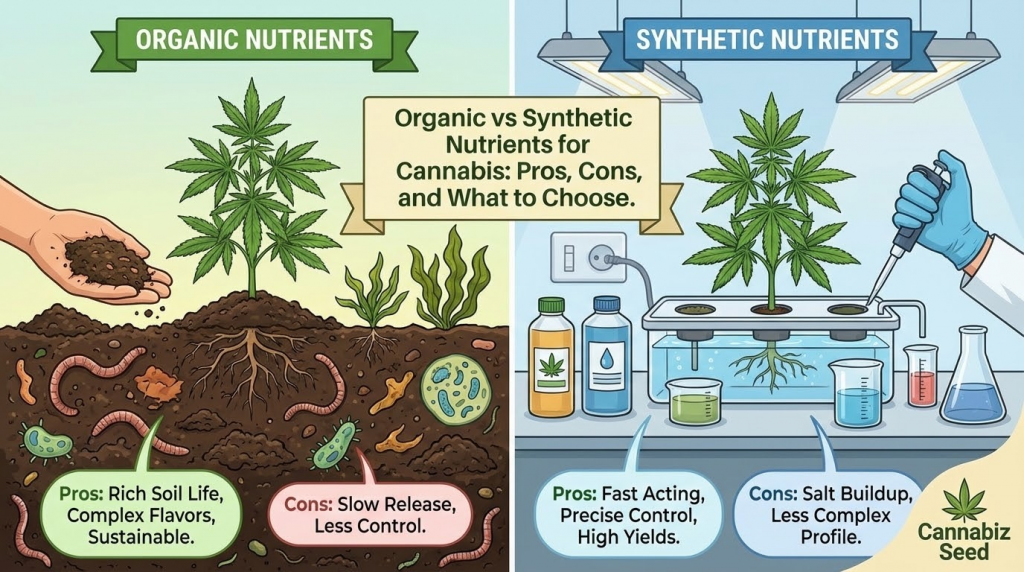 Organic vs Synthetic Nutrients for Cannabis: Pros, Cons, and What to Choose | Cannabiz Seed Organic vs Synthetic Nutrients for Cannabis: Pros, Cons, and What to Choose