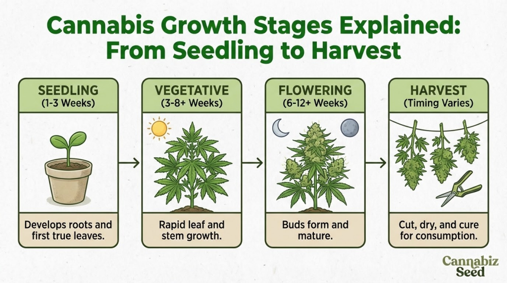 Cannabis Growth Stages Explained: From Seedling to Harvest | Cannabiz Seed Cannabis Growth Stages Explained: From Seedling to Harvest