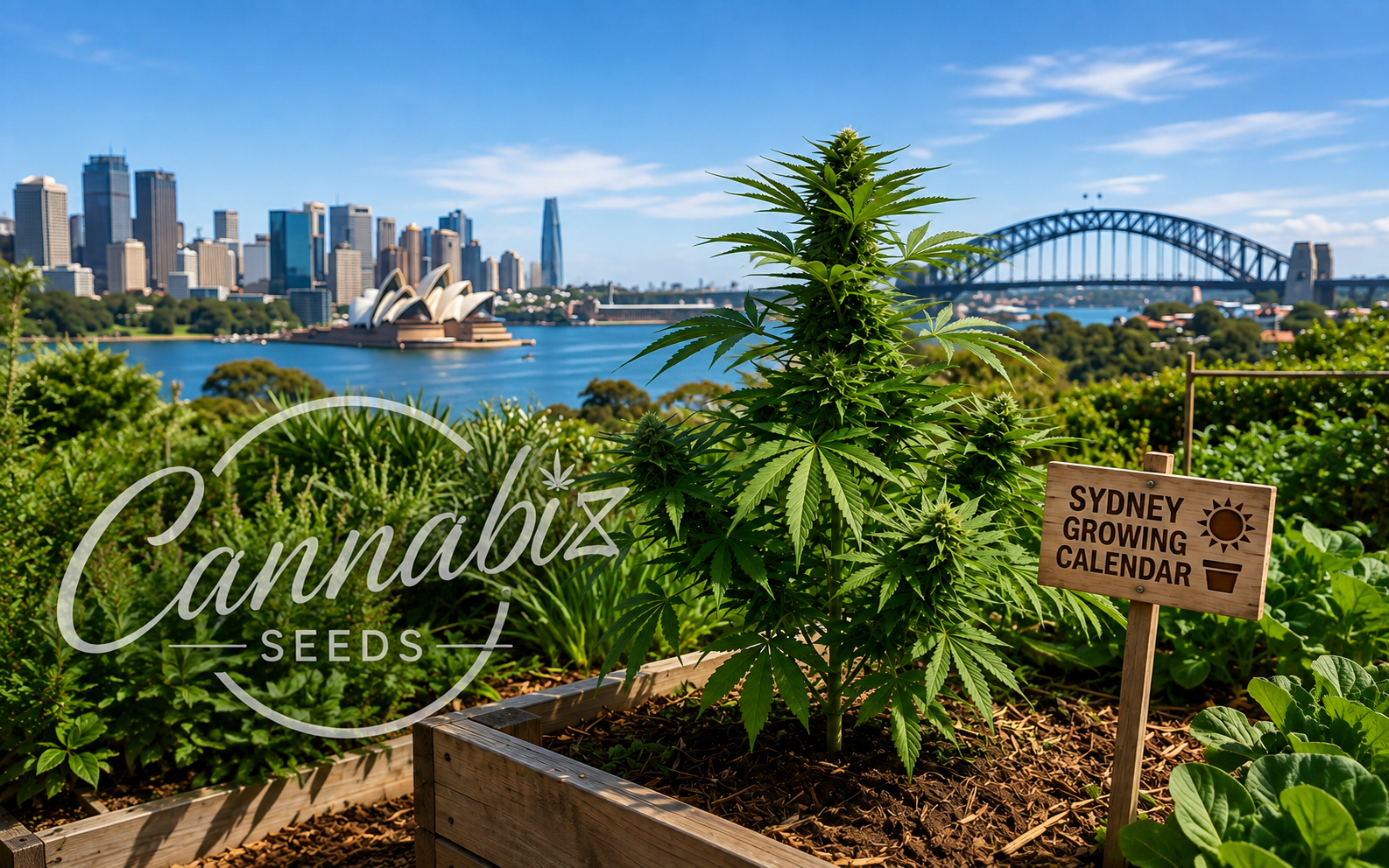 En cannabisplante i et hævet blomsterbed med Sydneys skyline, Operahuset og Harbour Bridge i det fjerne; på et træskilt står der »Sydney Growing Calendar«.